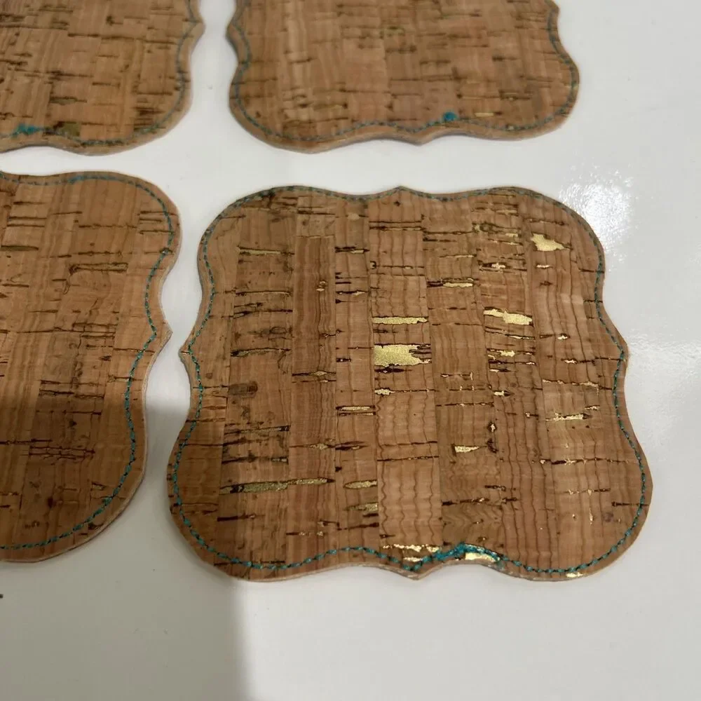 Handmade Embroidered Cork Coasters Monogram Turquoise Initial S Set of 6